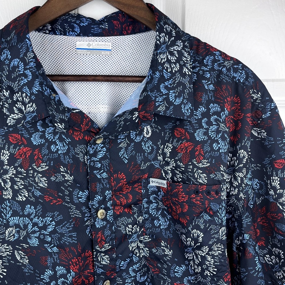 Columbia PFG Shirt Mens XL Blue Red Floral Short Sleeve Button Up Tropical
